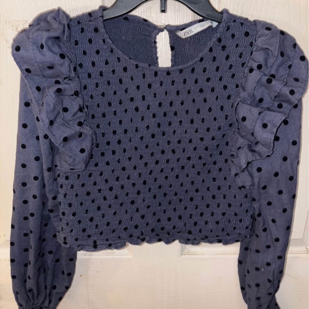 Zara Blue Ruffled Crop Blouse with Long Sleeves